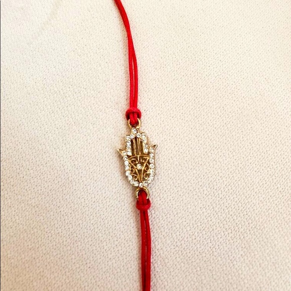 Gold Encrusted Hamsa Hand bracelet on Red - Picture 3 of 4